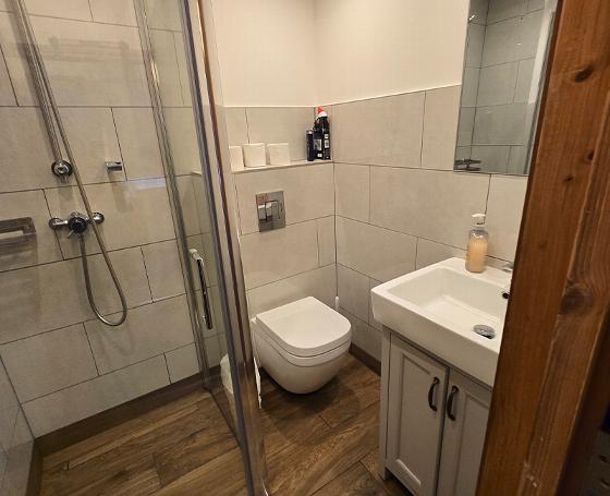 small bathroom featuring a toilet and sink with large mirror modern tiles and wooden door showcasing two plumbing fixtures