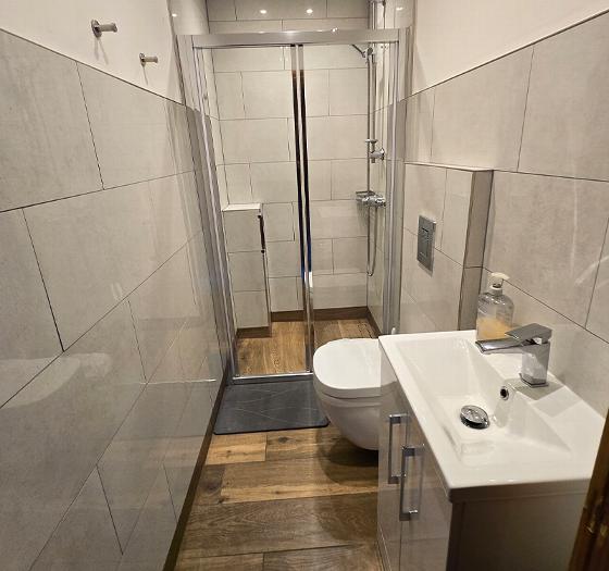 modern bathroom with shower toilet and sink featuring stylish tiles and wooden flooring for 3 bathroom ideas