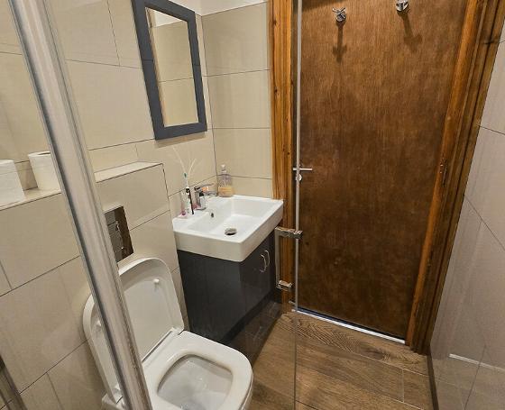 Modern bathroom design featuring a glass shower enclosure and a white toilet with a sleek sink vanity on wooden flooring and ceramic tiles 1 stylish fixtures 1 contemporary look 1 functional space
